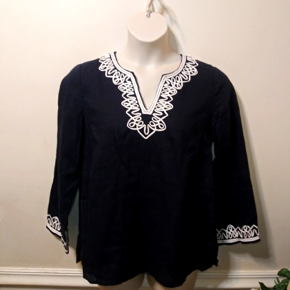 Talbots Tops - Talbots Navy & White Cord Trimmed Preppy/Coastal Linen Tunic